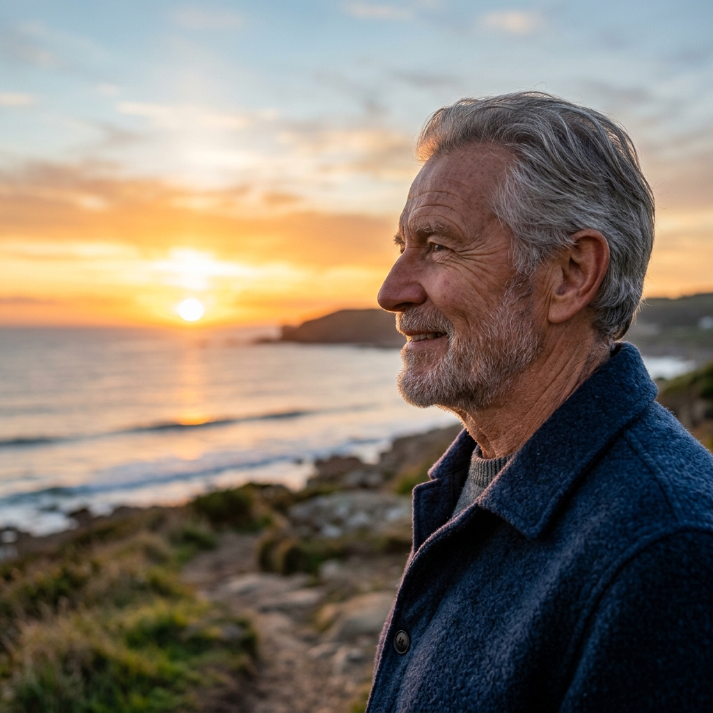 Senhor idoso de perfil, sorrindo e olhando para o horizonte ao nascer do sol.